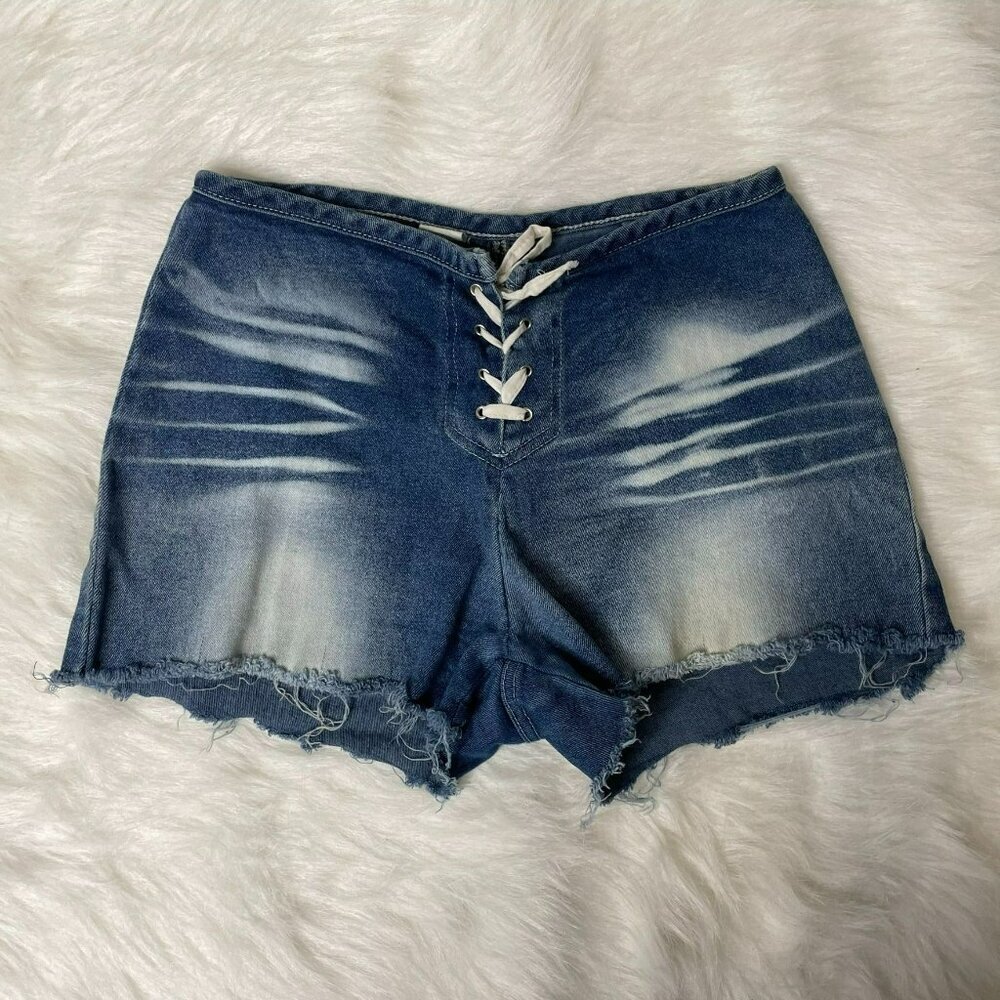 VTG Joy Jeans Women's Small (3) Y2K Lace-Up Stretch Cut-Off Mid-Rise Denim Short